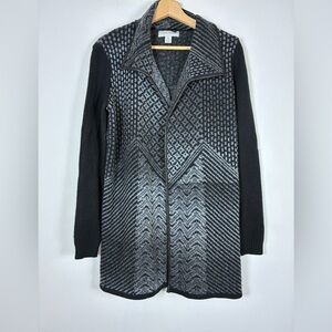 Laura Ashley Cardigan Wool Alpaca Blend Open Front Sweater PL Geo Black Gray